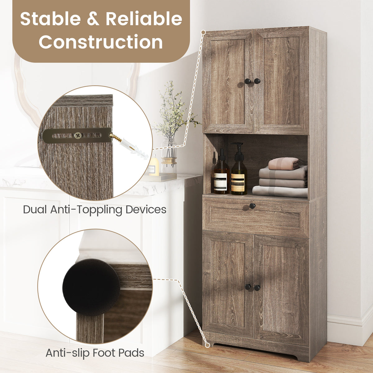 67.5 Inch Tall Floor Storage Cabinet with 4 Doors - Oak