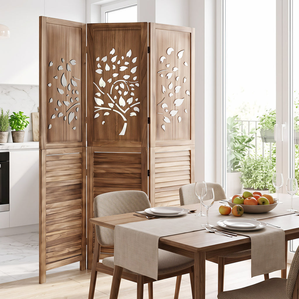 White 67-Inch Folding Room Divider with Tree Cutout & Louver Design - Space Separator