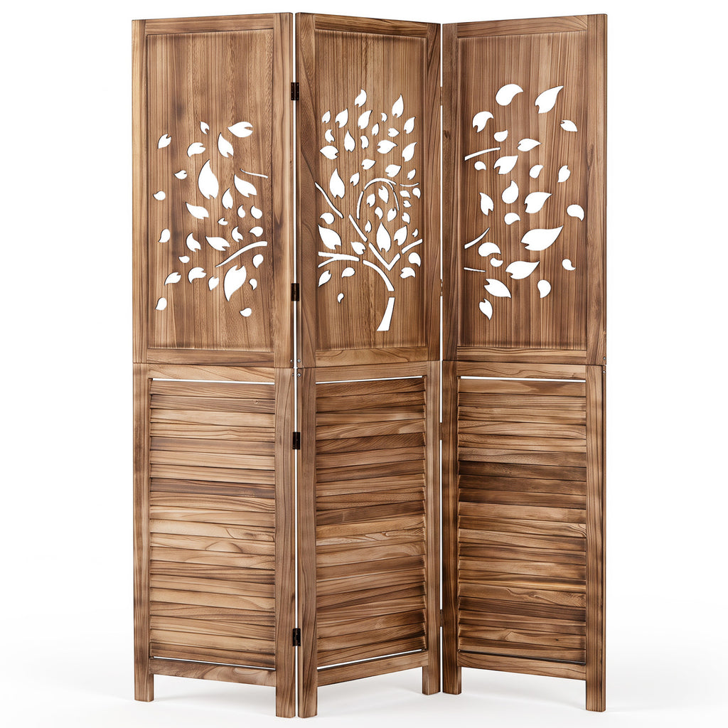 White 67-Inch Folding Room Divider with Tree Cutout & Louver Design - Space Separator