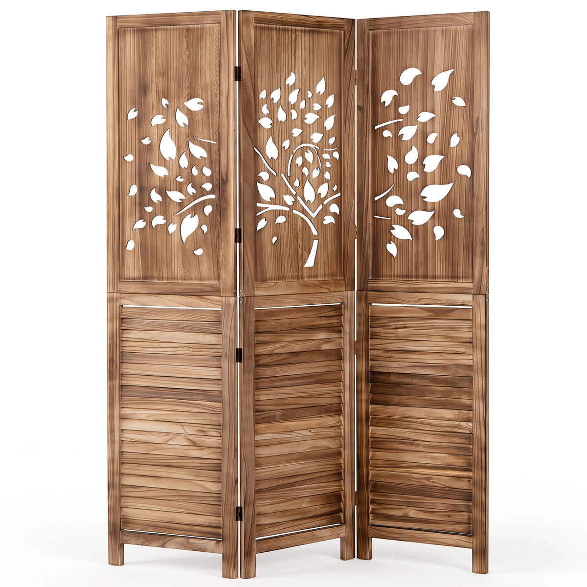 White 67-Inch Folding Room Divider with Tree Cutout & Louver Design - Space Separator