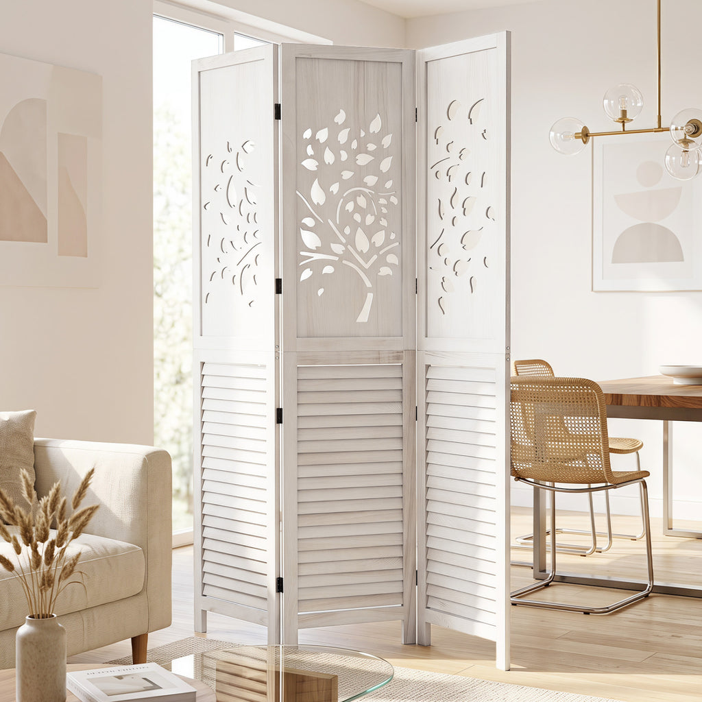 White 67-Inch Folding Room Divider with Tree Cutout & Louver Design - Space Separator