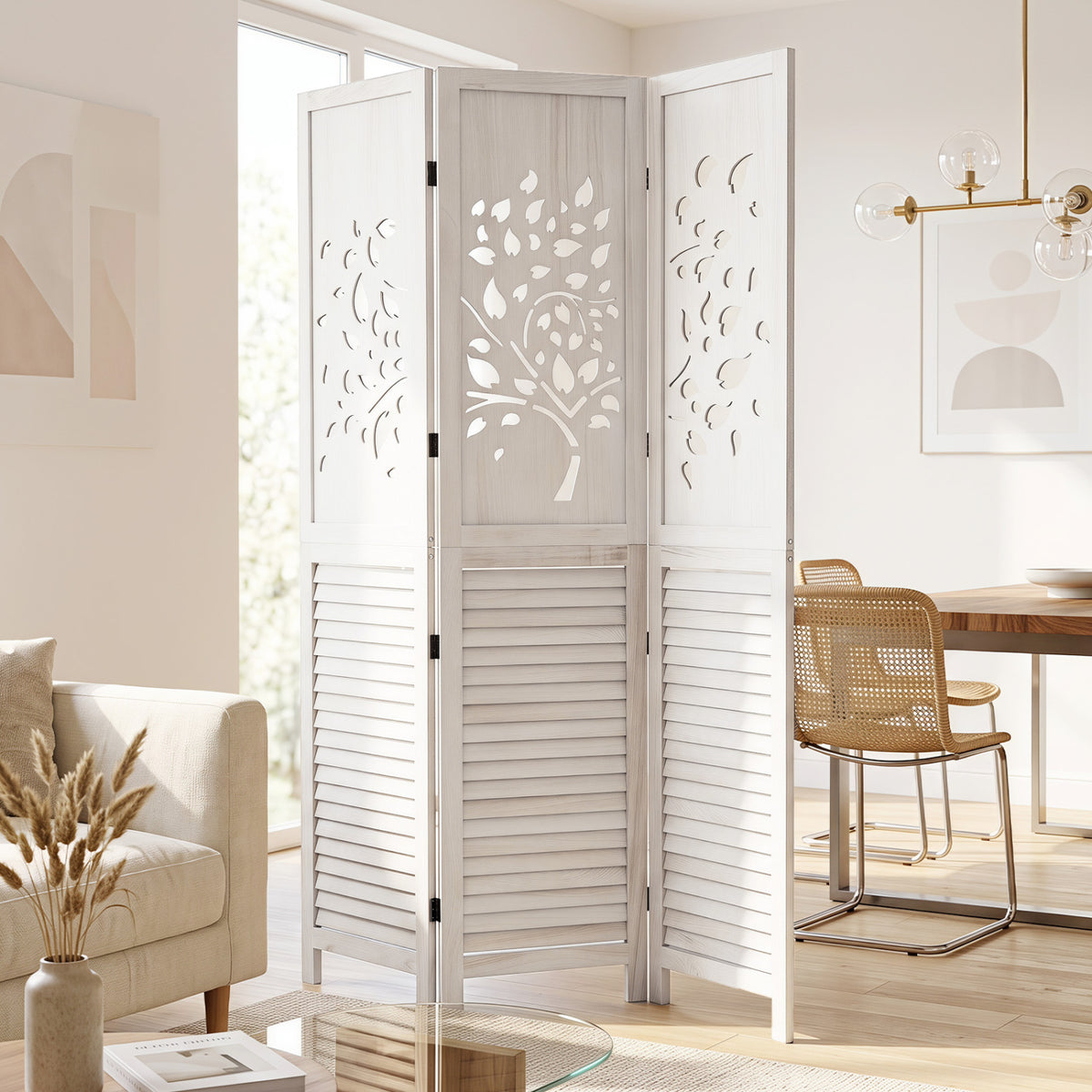 White 67-Inch Folding Room Divider with Tree Cutout & Louver Design - Space Separator