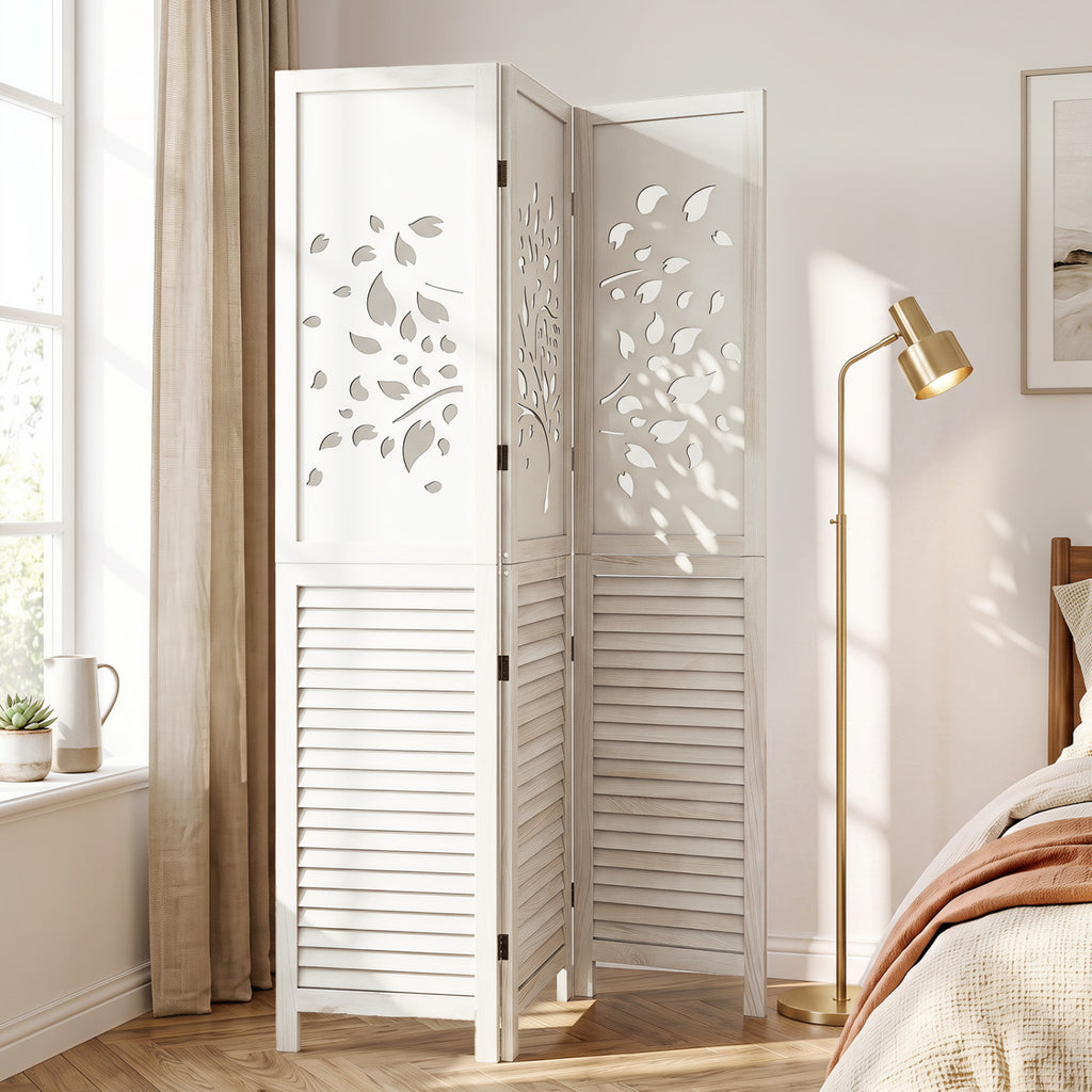 White 67-Inch Folding Room Divider with Tree Cutout & Louver Design - Space Separator