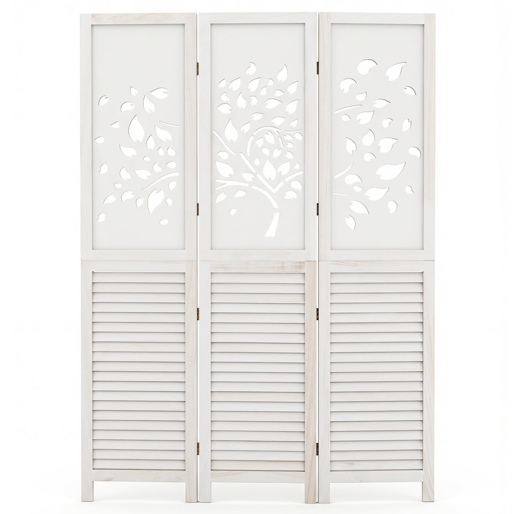 White 67-Inch Folding Room Divider with Tree Cutout & Louver Design - Space Separator