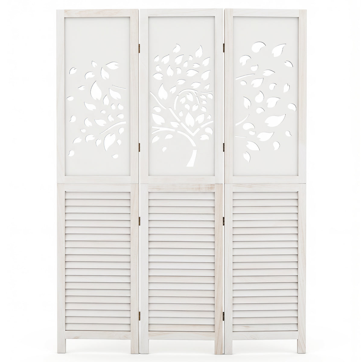 White 67-Inch Folding Room Divider with Tree Cutout & Louver Design - Space Separator