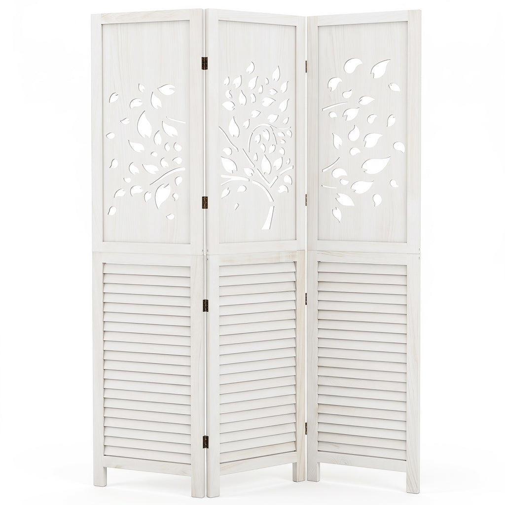 White 67-Inch Folding Room Divider with Tree Cutout & Louver Design - Space Separator