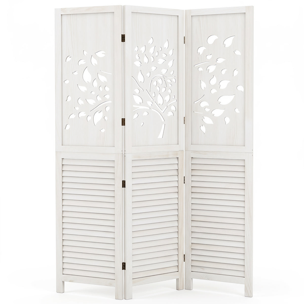 White 67-Inch Folding Room Divider with Tree Cutout & Louver Design - Space Separator