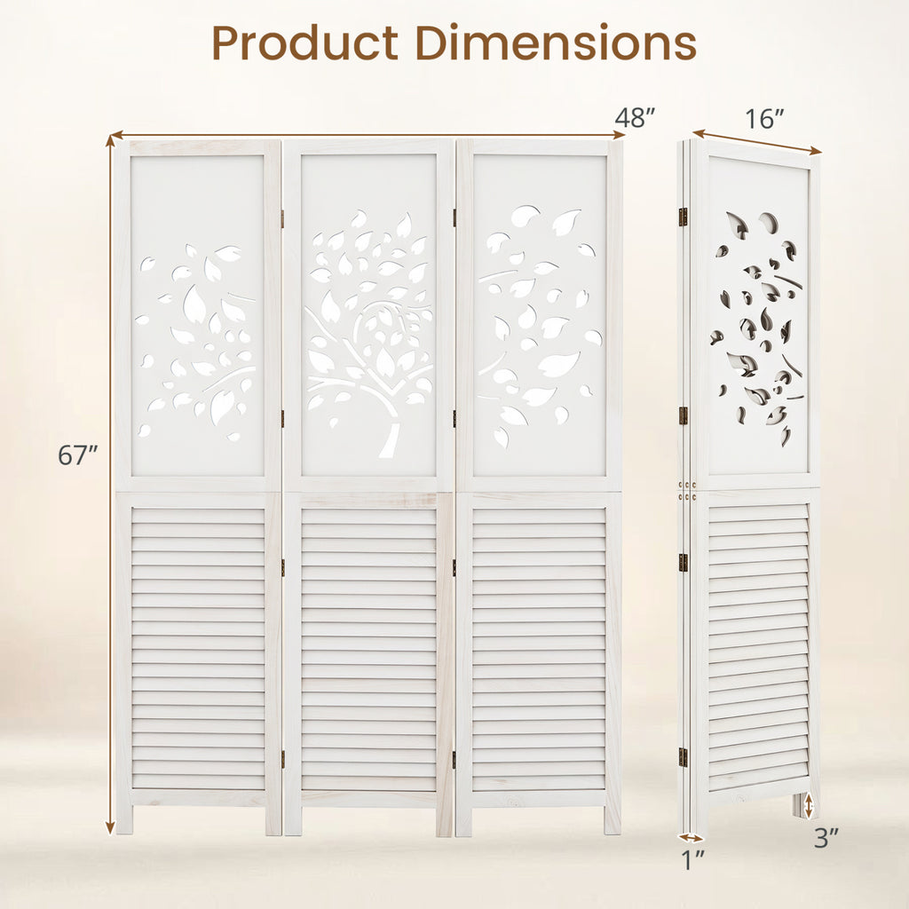 White 67-Inch Folding Room Divider with Tree Cutout & Louver Design - Space Separator