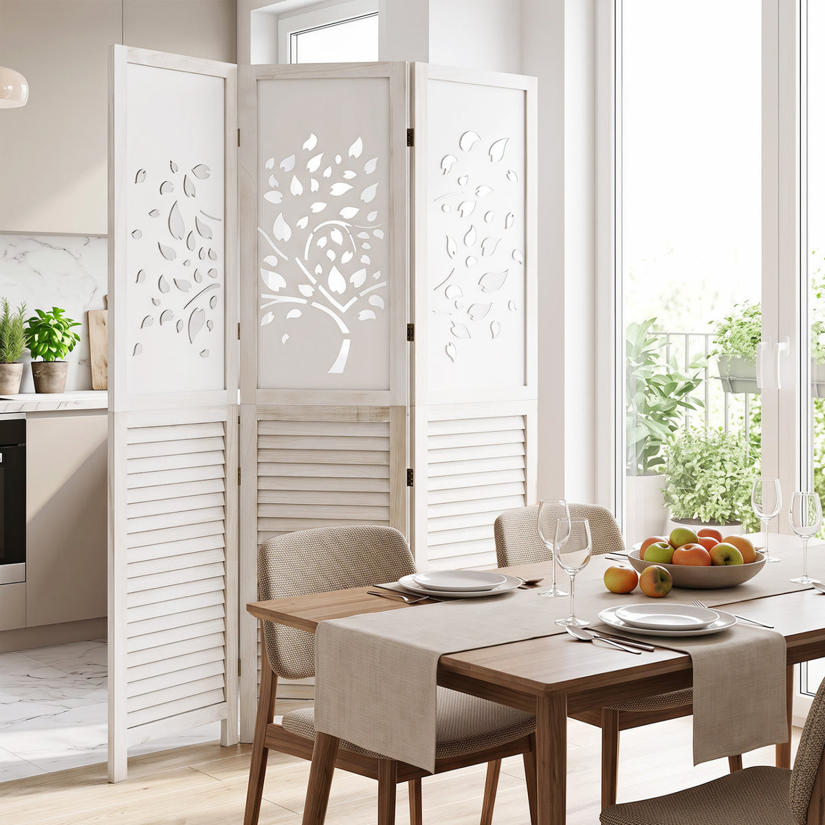 White 67-Inch Folding Room Divider with Tree Cutout & Louver Design - Space Separator