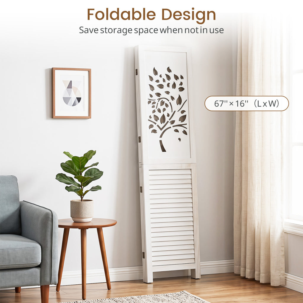 White 67-Inch Folding Room Divider with Tree Cutout & Louver Design - Space Separator