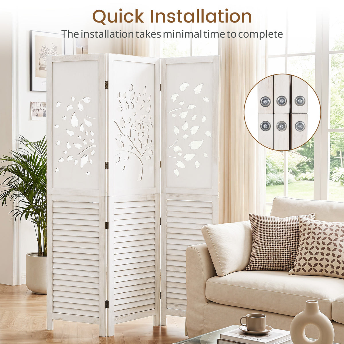 White 67-Inch Folding Room Divider with Tree Cutout & Louver Design - Space Separator