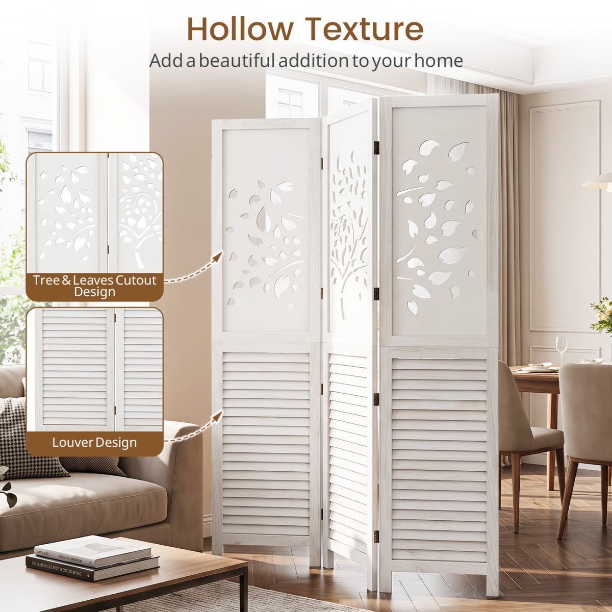 White 67-Inch Folding Room Divider with Tree Cutout & Louver Design - Space Separator