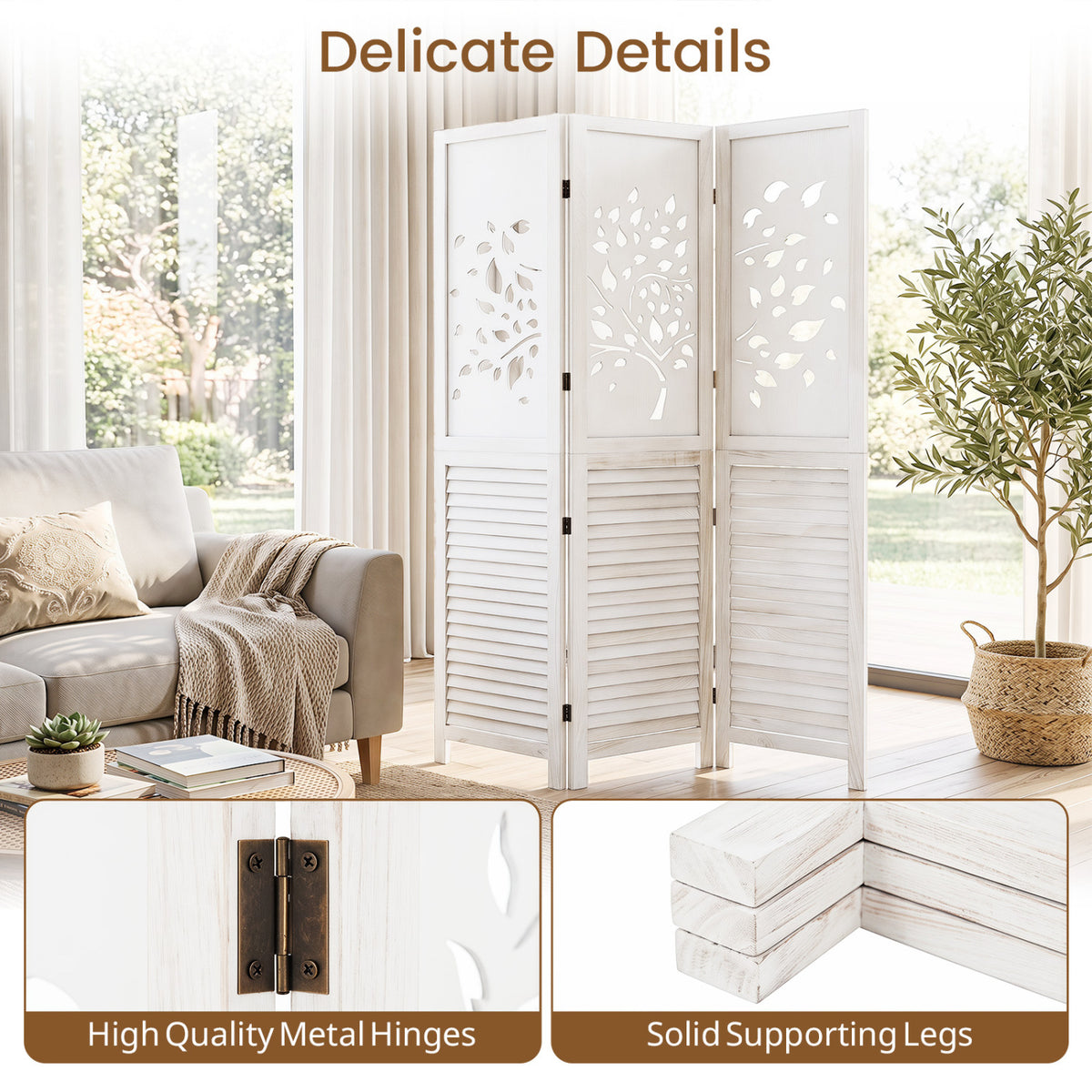 White 67-Inch Folding Room Divider with Tree Cutout & Louver Design - Space Separator
