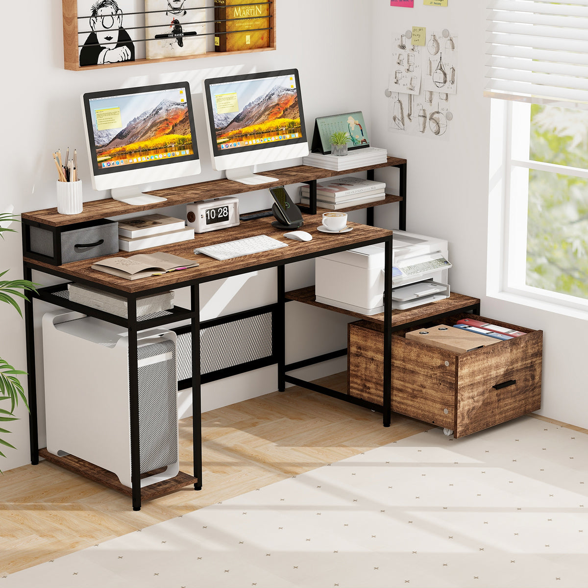 67 Inch Computer Desk with Monitor Stand & File Drawer - White