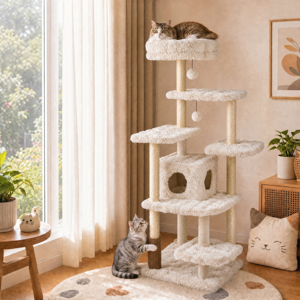 Beige 67-Inch Multi-Level Cat Tree with Large Condo and Padded Perch — Includes Sisal Posts & Fun Toys