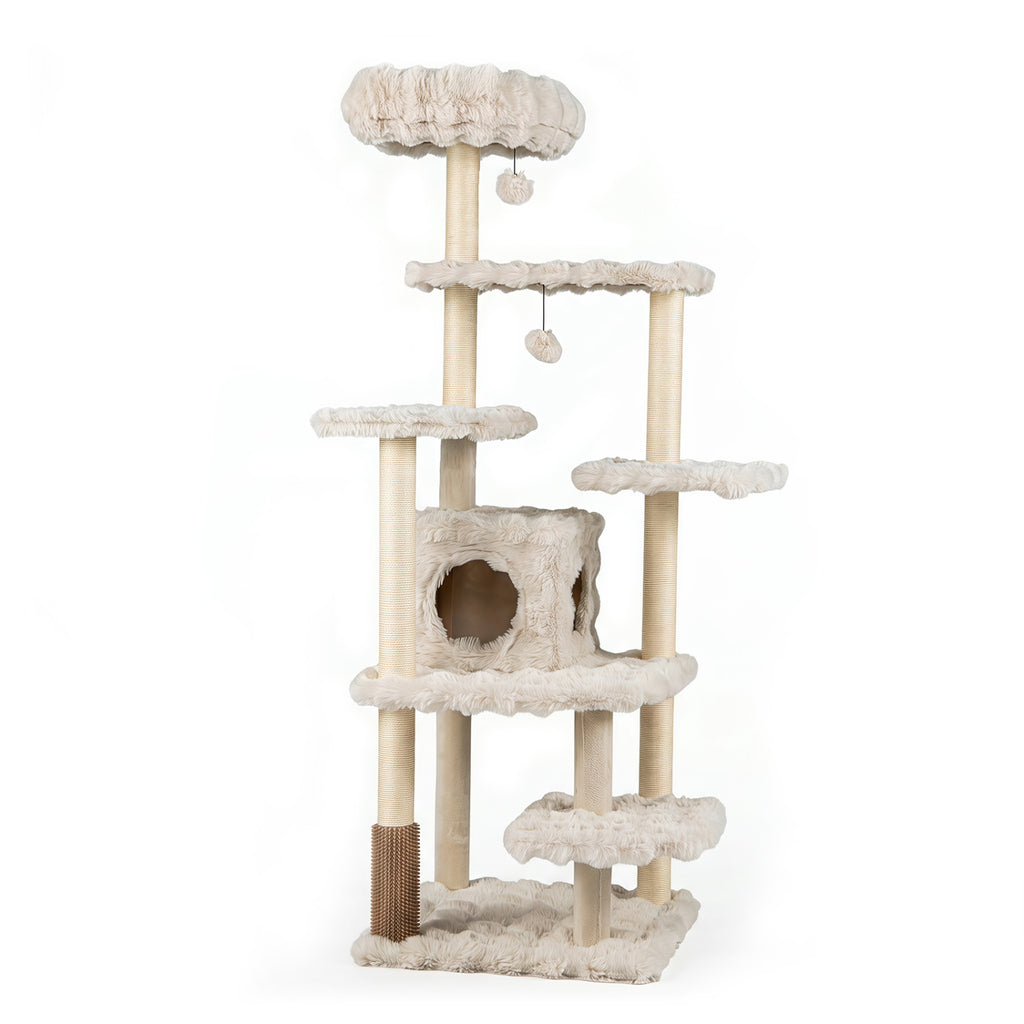 Beige 67-Inch Multi-Level Cat Tree with Large Condo and Padded Perch — Includes Sisal Posts & Fun Toys