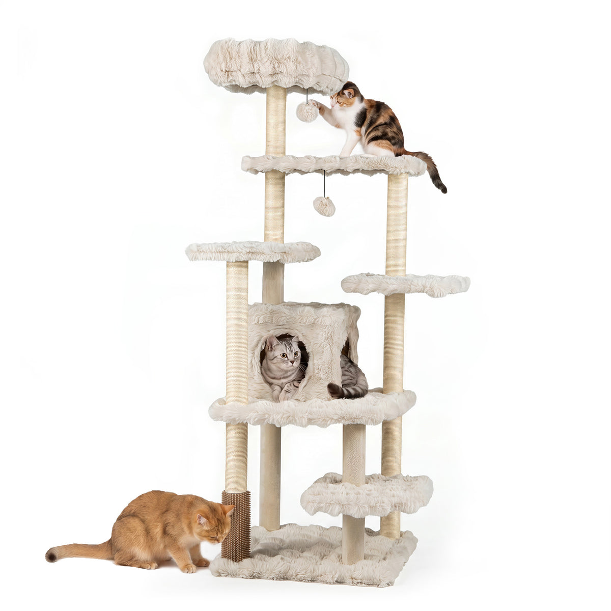 Beige 67-Inch Multi-Level Cat Tree with Large Condo and Padded Perch — Includes Sisal Posts & Fun Toys