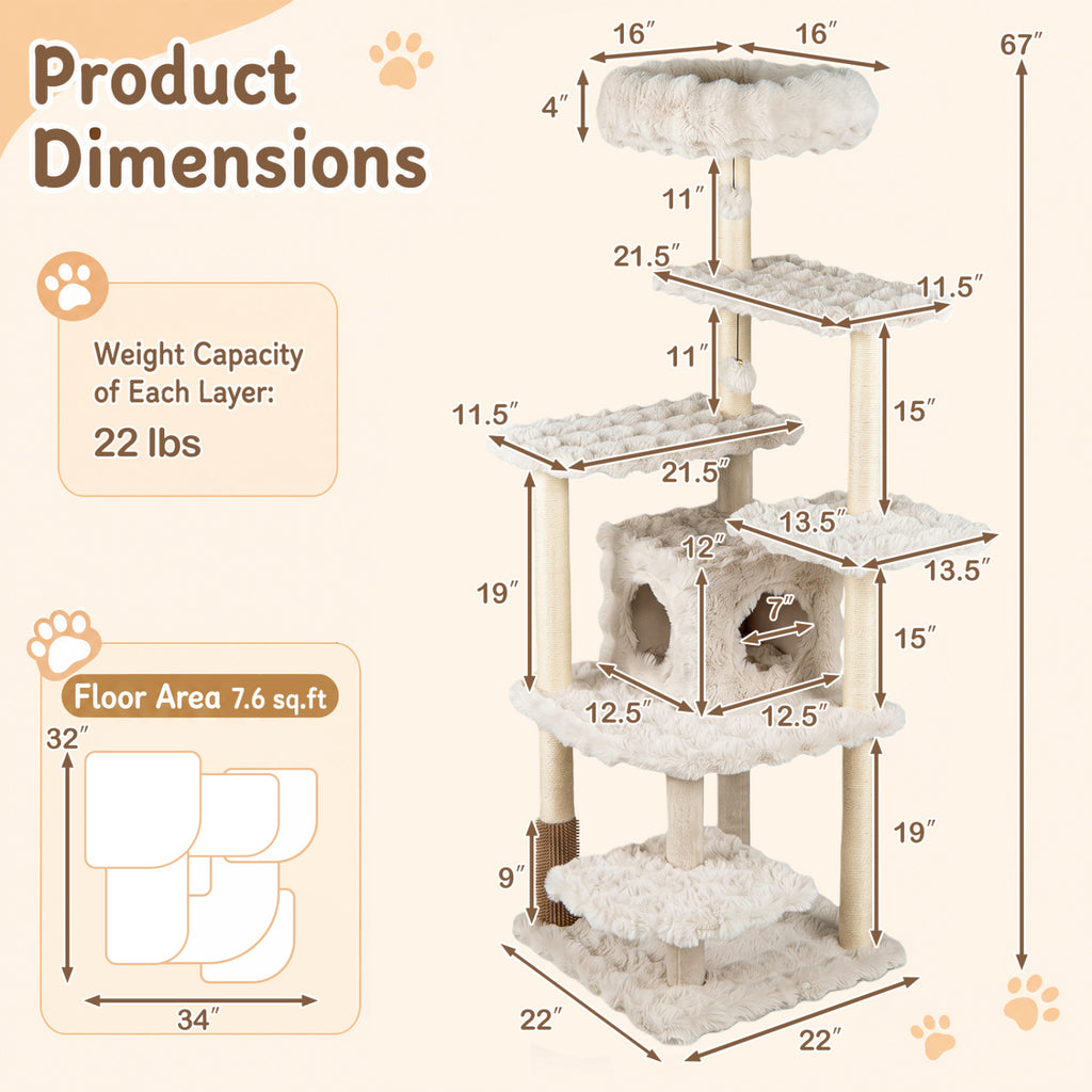 Beige 67-Inch Multi-Level Cat Tree with Large Condo and Padded Perch — Includes Sisal Posts & Fun Toys