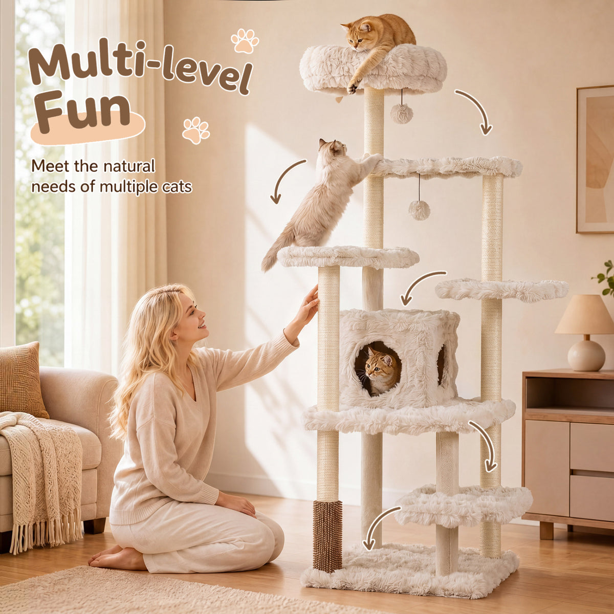 Beige 67-Inch Multi-Level Cat Tree with Large Condo and Padded Perch — Includes Sisal Posts & Fun Toys