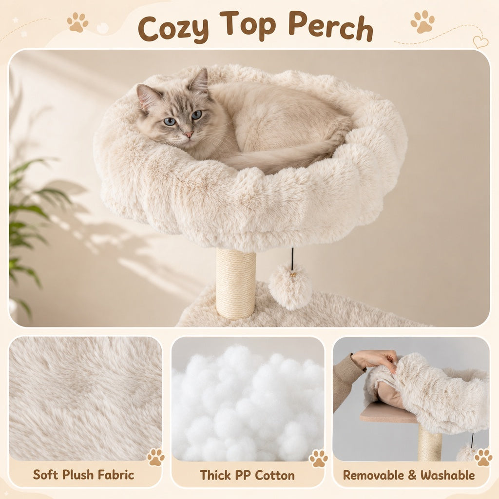 Beige 67-Inch Multi-Level Cat Tree with Large Condo and Padded Perch — Includes Sisal Posts & Fun Toys