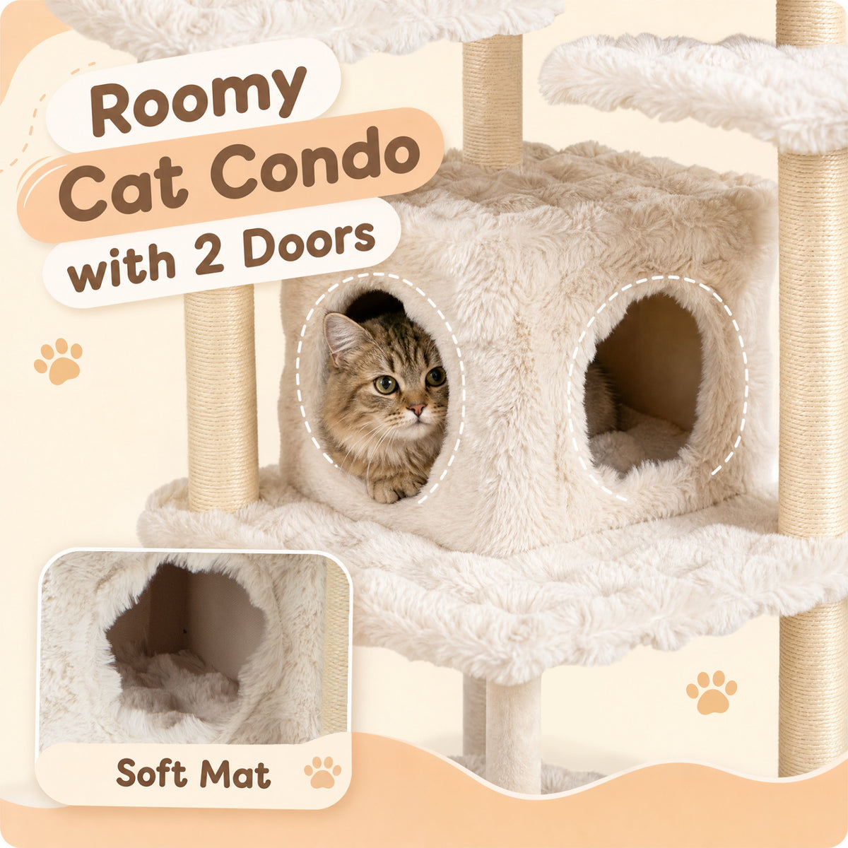 Beige 67-Inch Multi-Level Cat Tree with Large Condo and Padded Perch — Includes Sisal Posts & Fun Toys