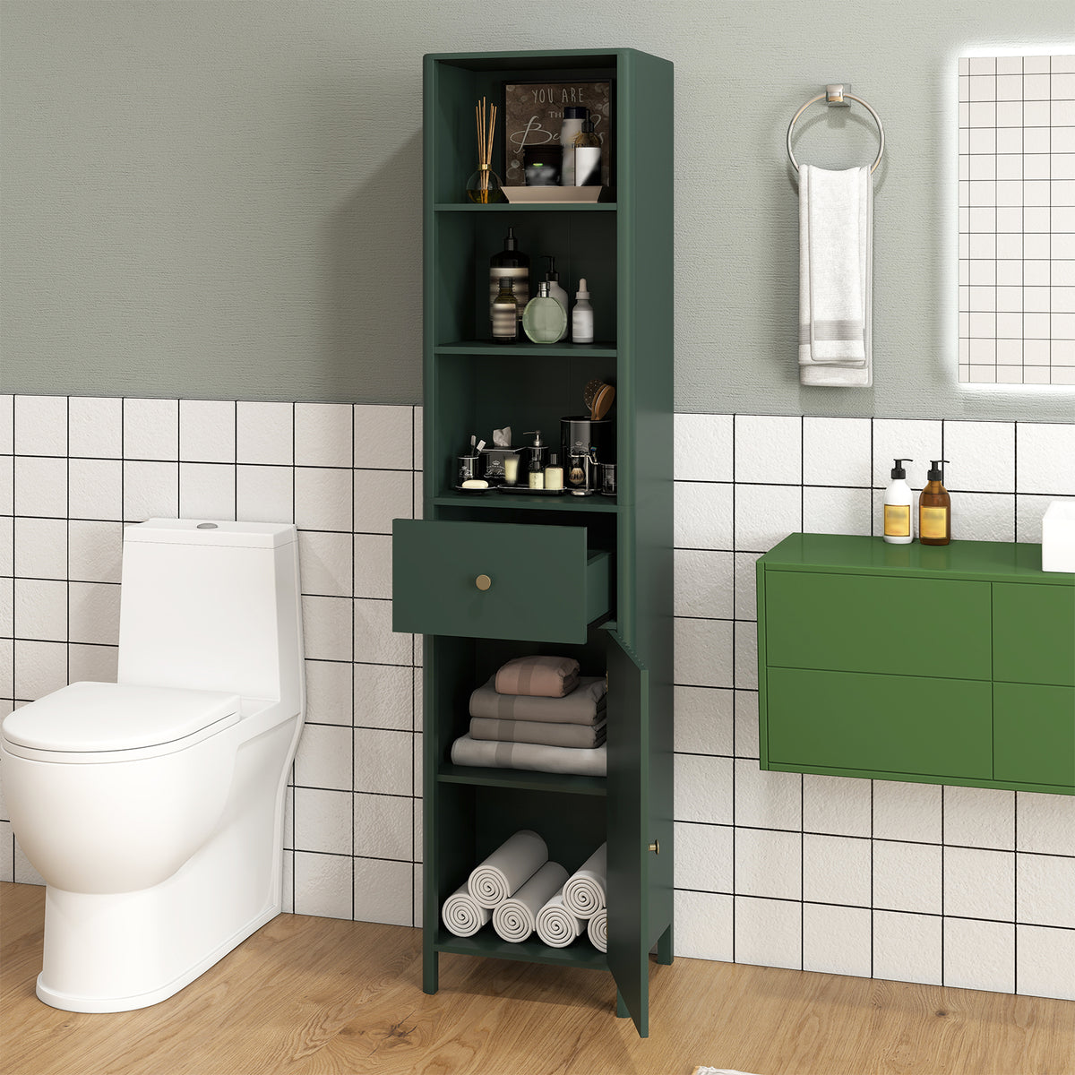 67 Inch Tall Bathroom Cabinet Narrow Floor with Fluted Door