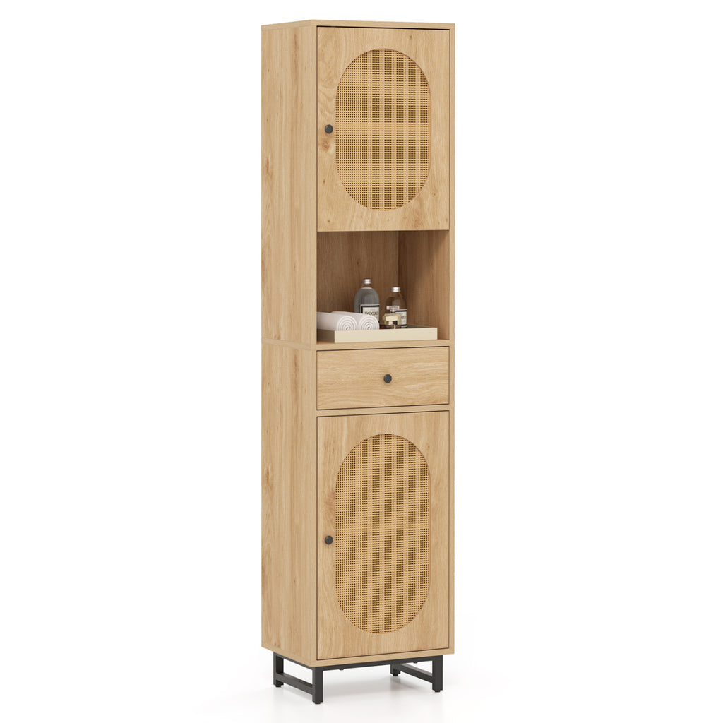 67-Inch Tall Bathroom Cabinet with PE Rattan, 2 Doors & Storage – Natural