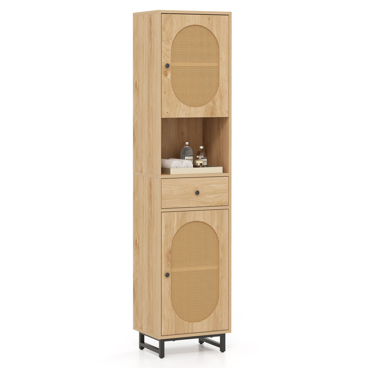 67-Inch Tall Bathroom Cabinet with PE Rattan, 2 Doors & Storage – Natural