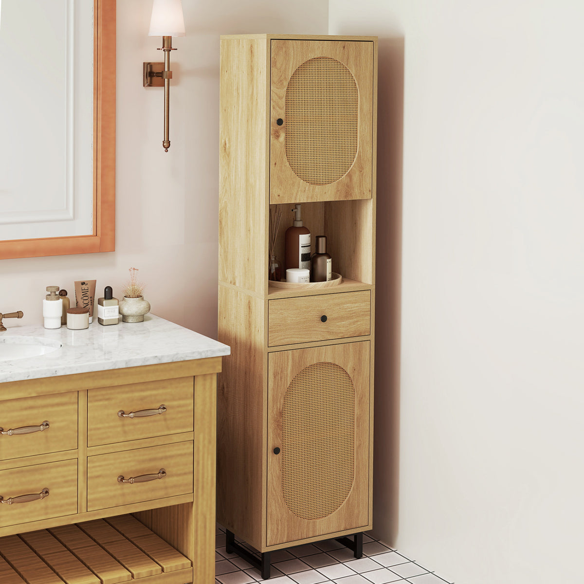 67-Inch Tall Bathroom Cabinet with PE Rattan, 2 Doors & Storage – Natural