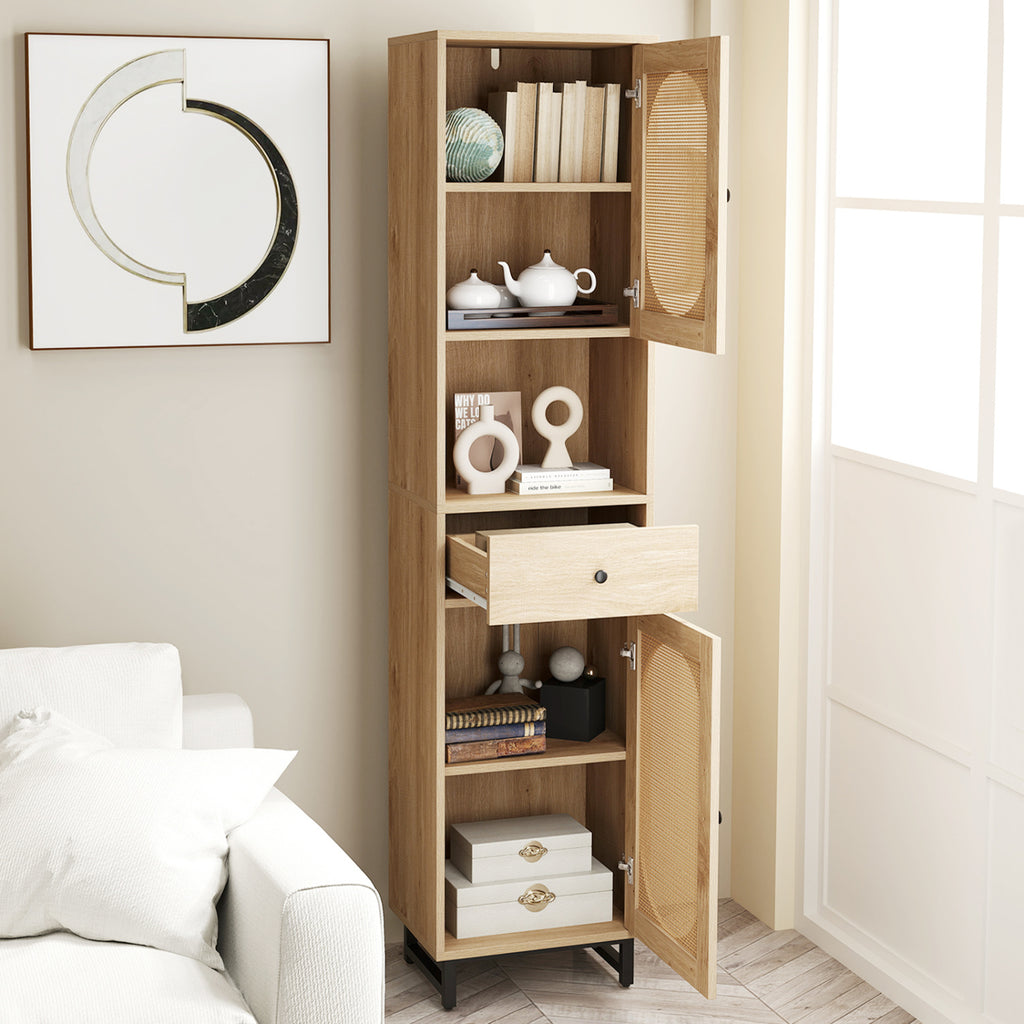 67-Inch Tall Bathroom Cabinet with PE Rattan, 2 Doors & Storage – Natural