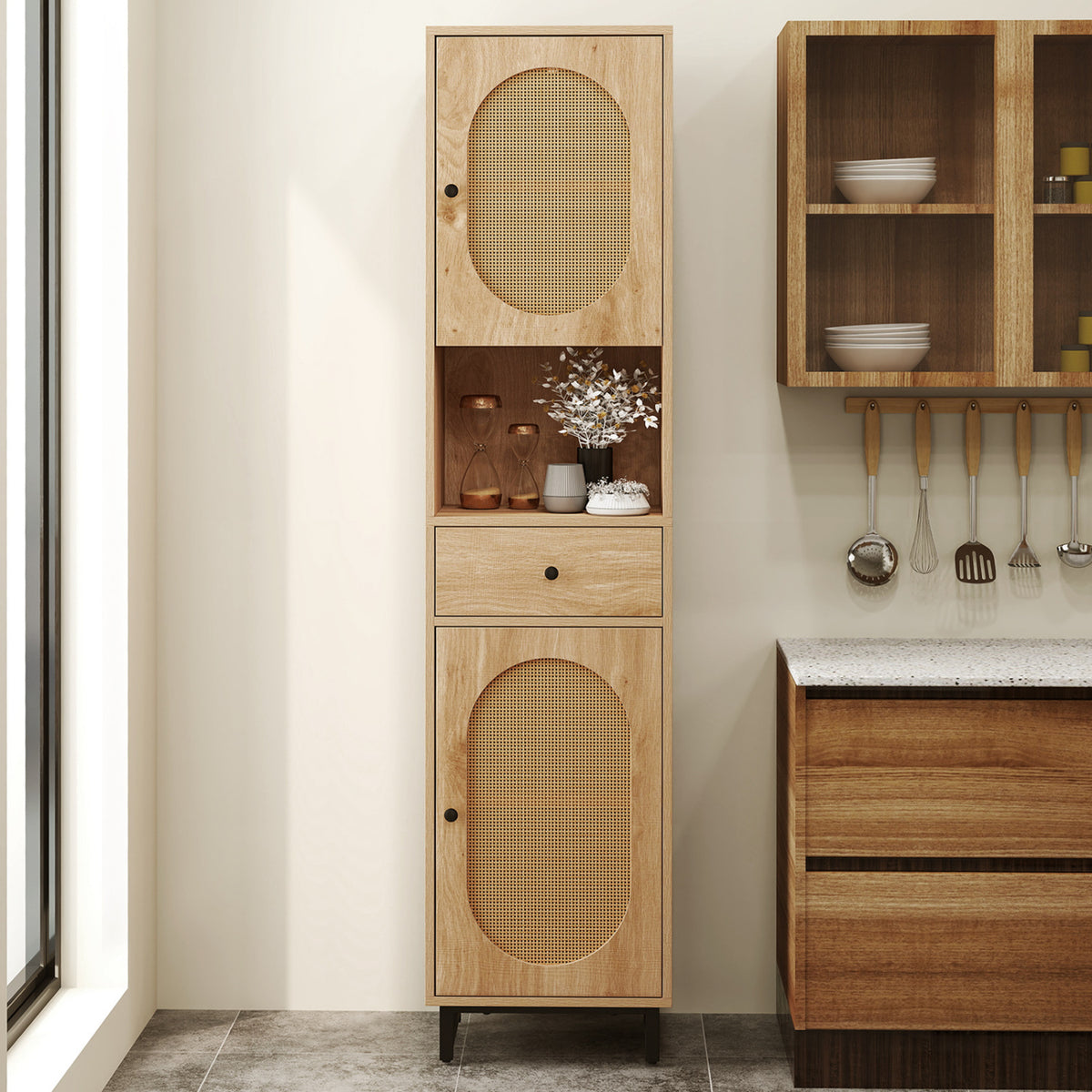 67-Inch Tall Bathroom Cabinet with PE Rattan, 2 Doors & Storage – Natural