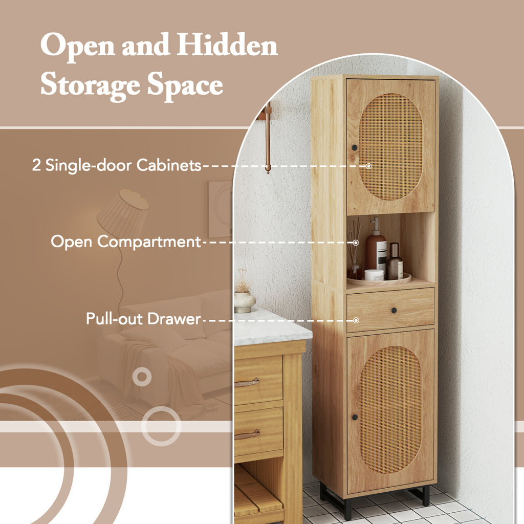 67-Inch Tall Bathroom Cabinet with PE Rattan, 2 Doors & Storage – Natural