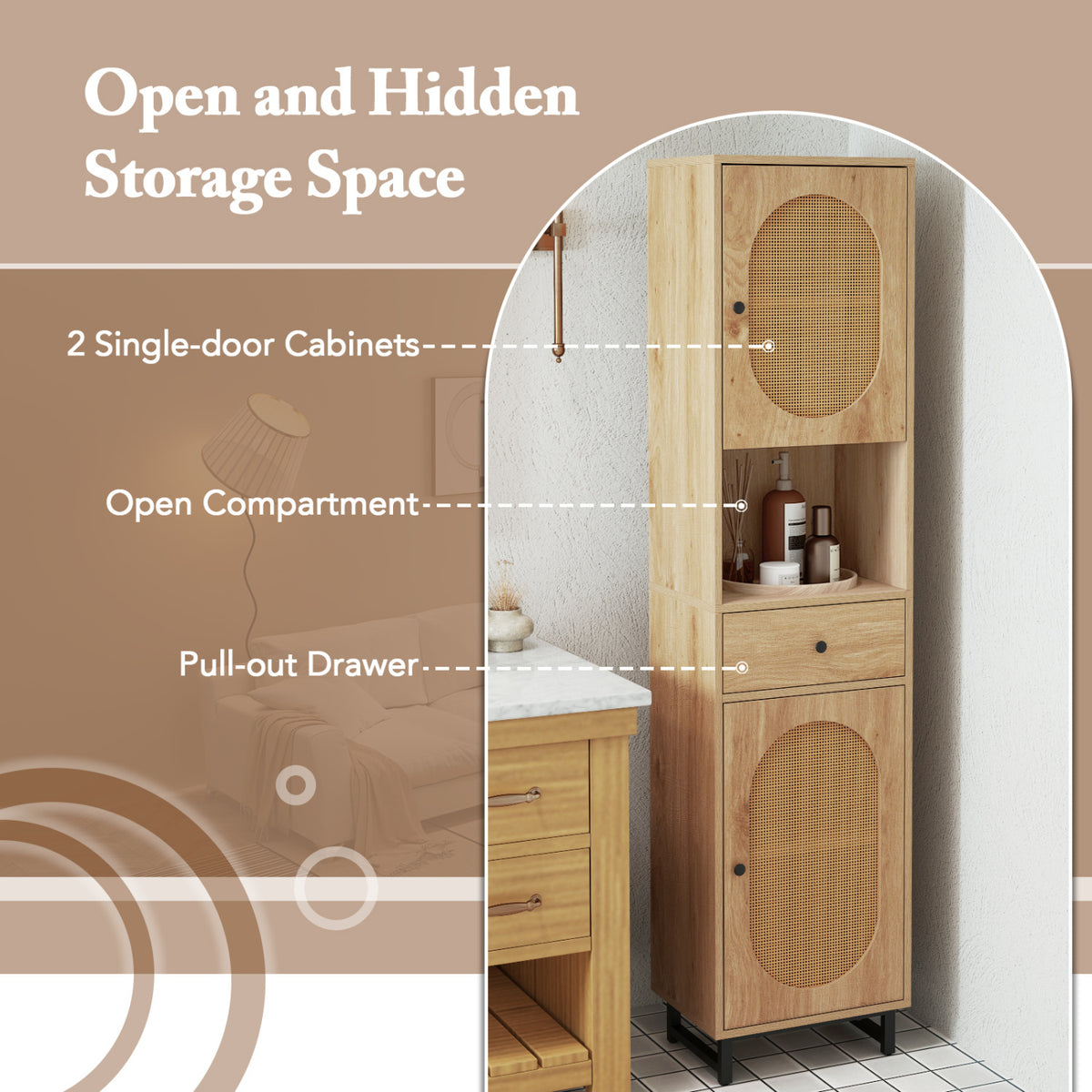 67-Inch Tall Bathroom Cabinet with PE Rattan, 2 Doors & Storage – Natural