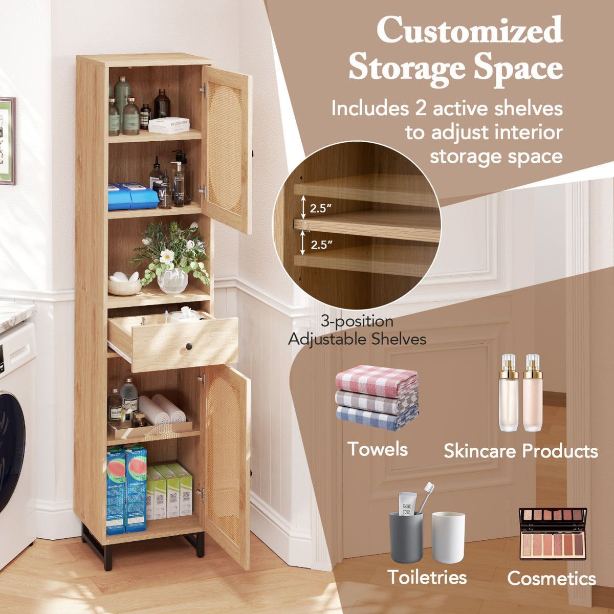 67-Inch Tall Bathroom Cabinet with PE Rattan, 2 Doors & Storage – Natural