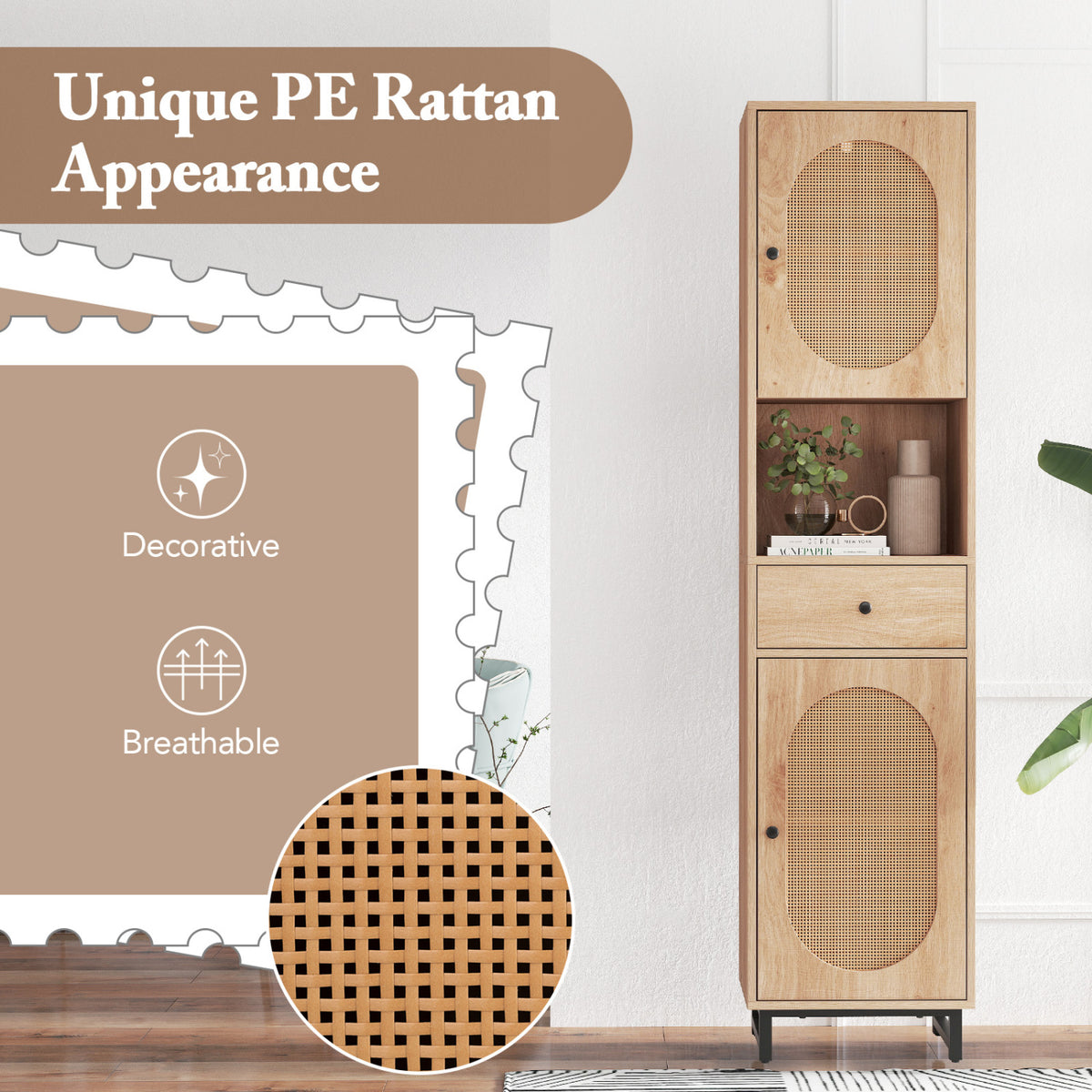 67-Inch Tall Bathroom Cabinet with PE Rattan, 2 Doors & Storage – Natural