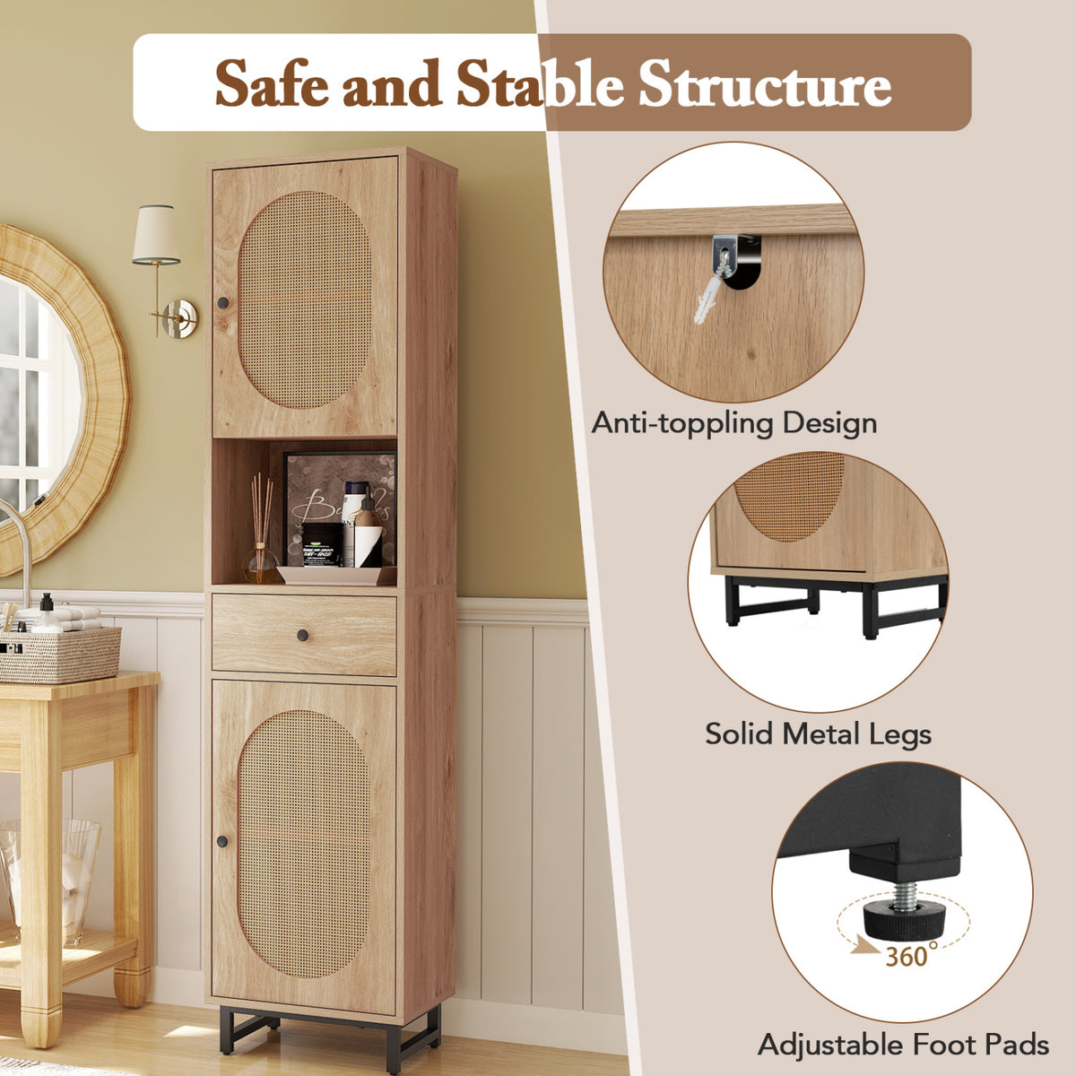 67-Inch Tall Bathroom Cabinet with PE Rattan, 2 Doors & Storage – Natural