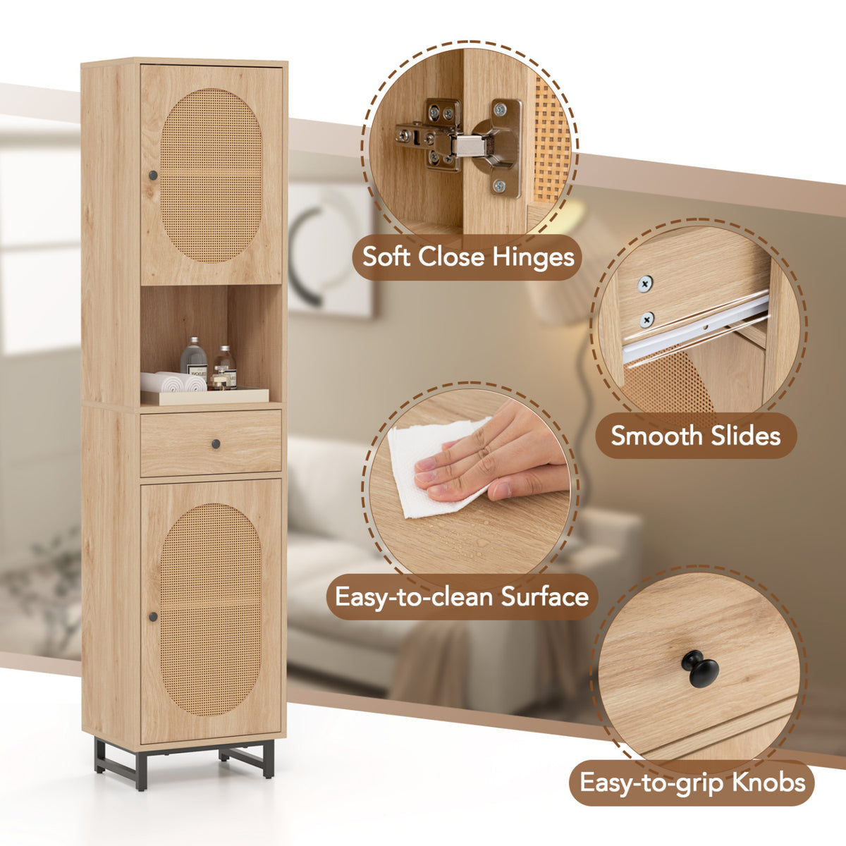 67-Inch Tall Bathroom Cabinet with PE Rattan, 2 Doors & Storage – Natural