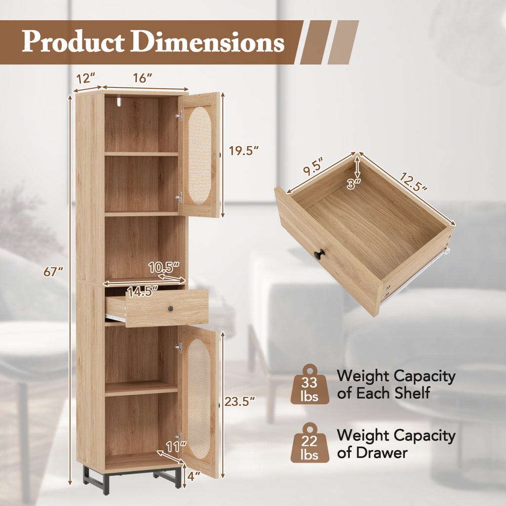 67-Inch Tall Bathroom Cabinet with PE Rattan, 2 Doors & Storage – Natural
