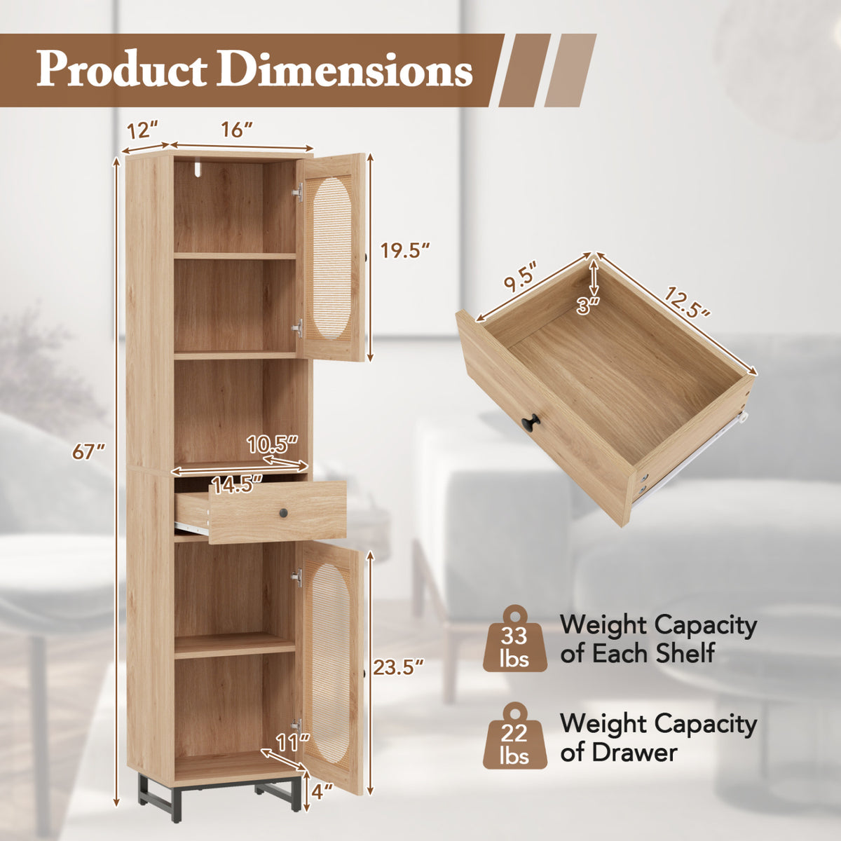 67-Inch Tall Bathroom Cabinet with PE Rattan, 2 Doors & Storage – Natural