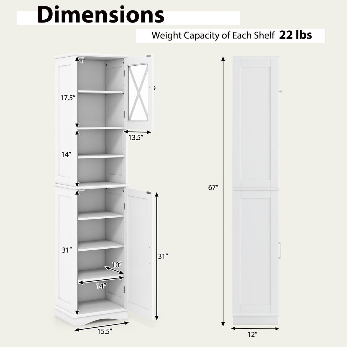 67 Inch Tall Bathroom Cabinet Freestanding Storage with 5 Adjustable