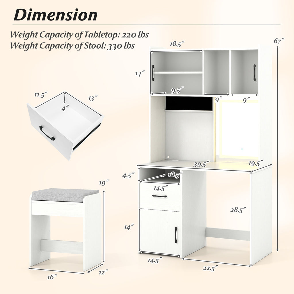 67-Inch Dressing Table with Mirror and Charging Station, White