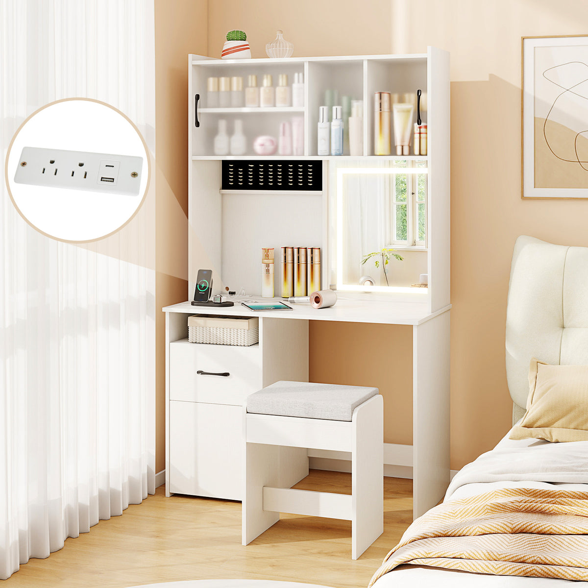 67-Inch Dressing Table with Mirror and Charging Station, White