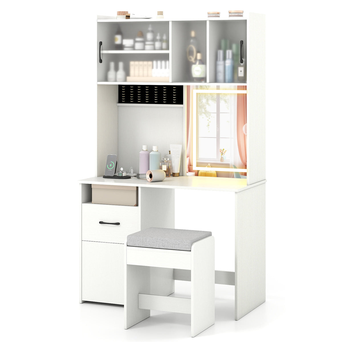 Makeup Dressing Table with Stool - 3 Lighting Modes, White