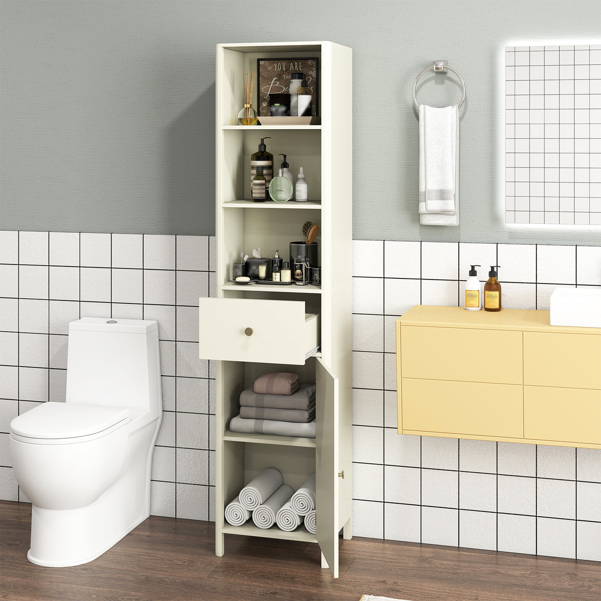 67 Inch Tall Bathroom Cabinet Narrow Floor with Fluted Door