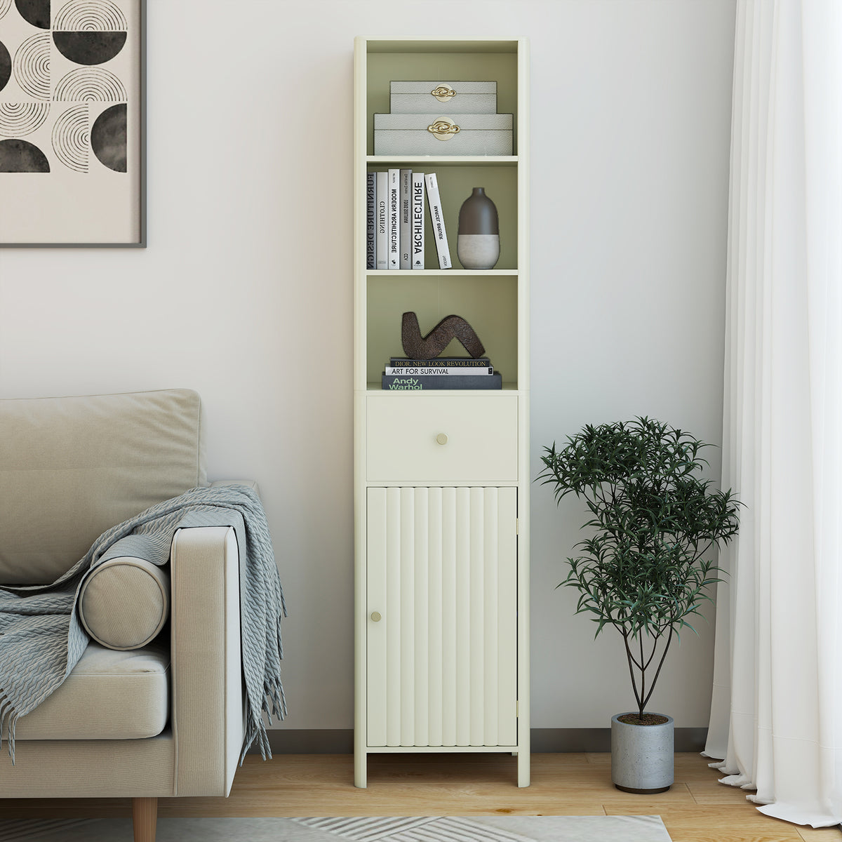 67 Inch Tall Bathroom Cabinet Narrow Floor with Fluted Door