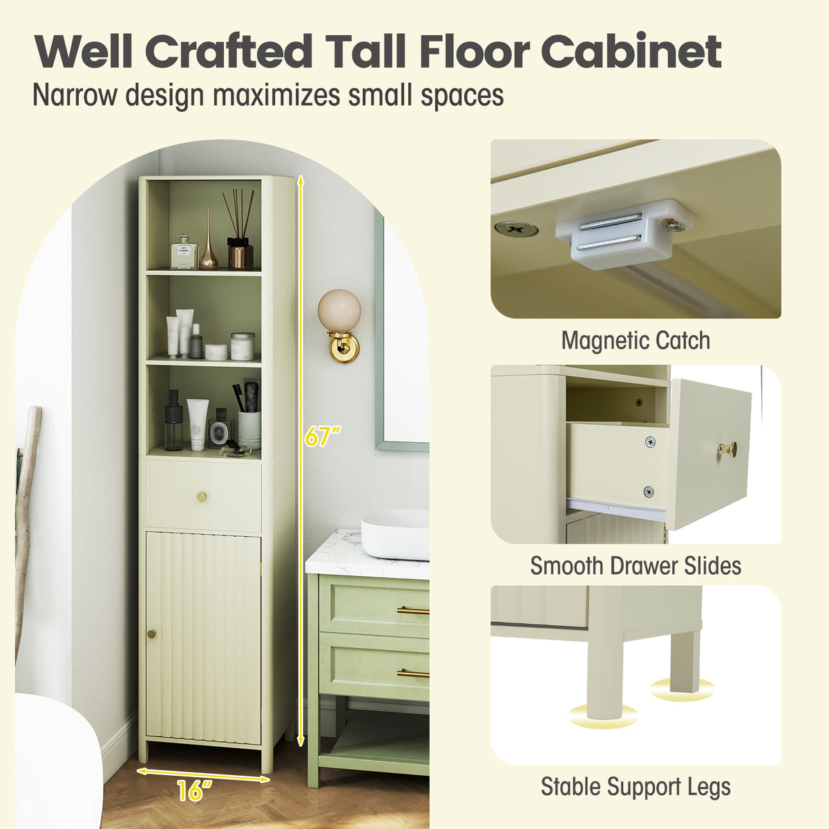 67 Inch Tall Bathroom Cabinet Narrow Floor with Fluted Door