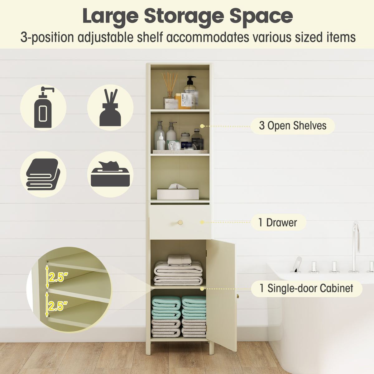 67 Inch Tall Bathroom Cabinet Narrow Floor with Fluted Door