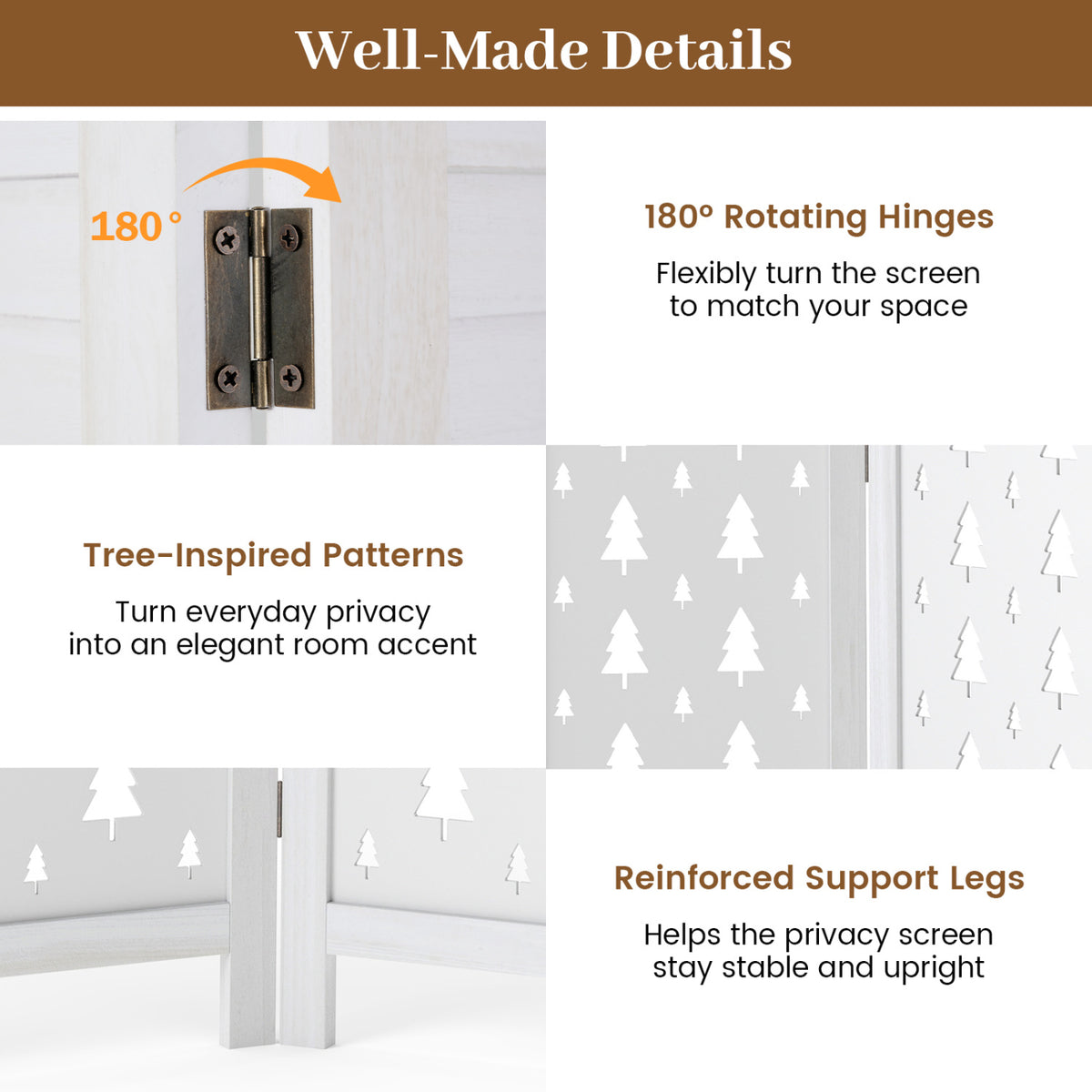 67-Inch Wooden Room Divider Screen with 4 Panels - Indoor Privacy Partition