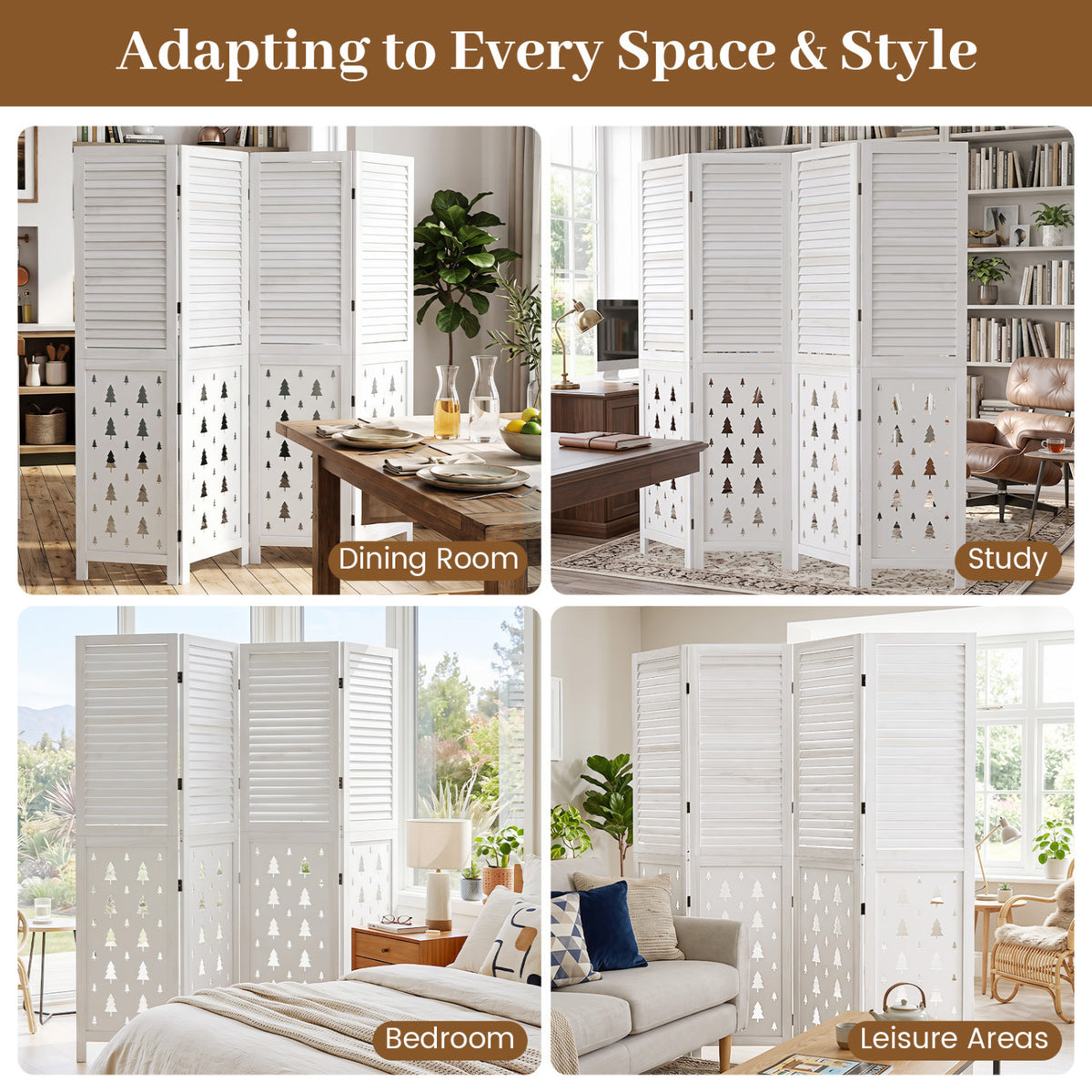 67-Inch Wooden Room Divider Screen with 4 Panels - Indoor Privacy Partition