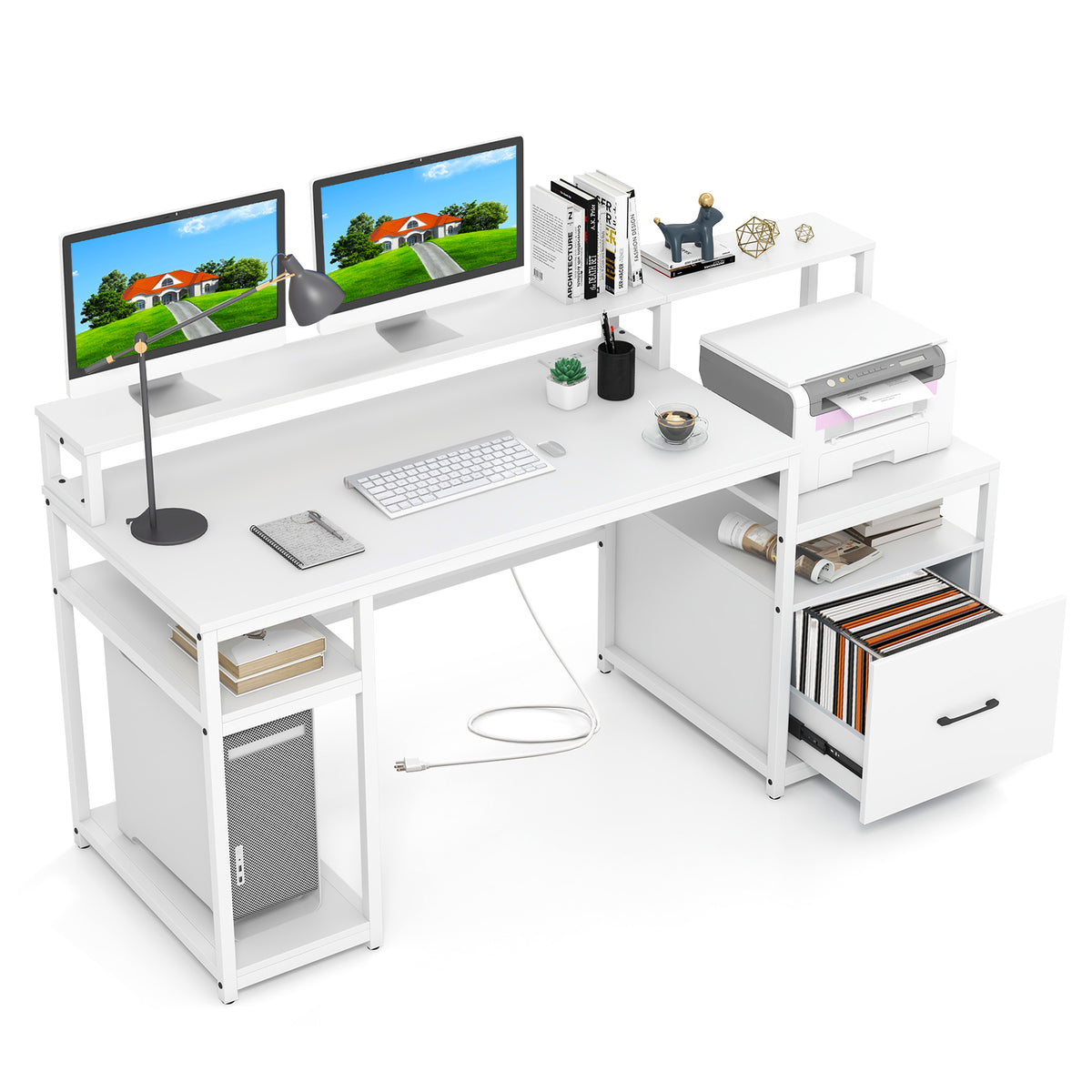 67 Inch Computer Desk with Monitor Stand & File Drawer - White